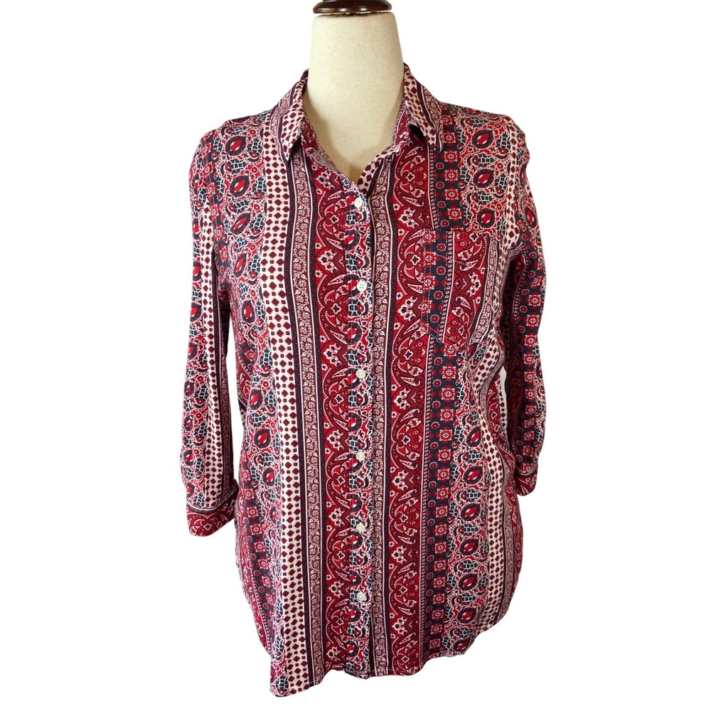 Bandana Print Rayon Summer‎ Blouse Button Down Shirt Size L